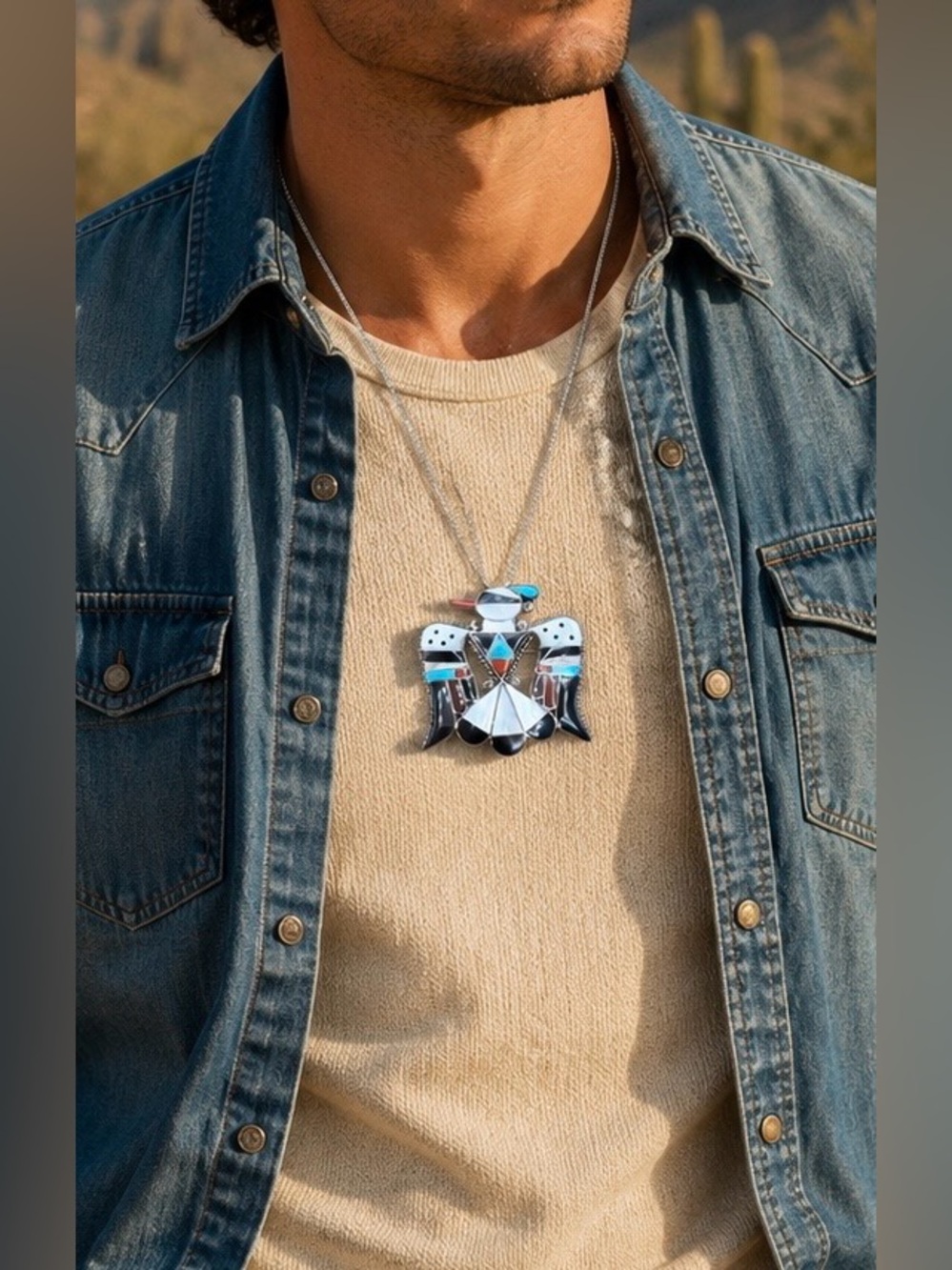 Bobby Corraine Shack Zuni Sterling Silver Multi Stone Thunderbird Necklace
